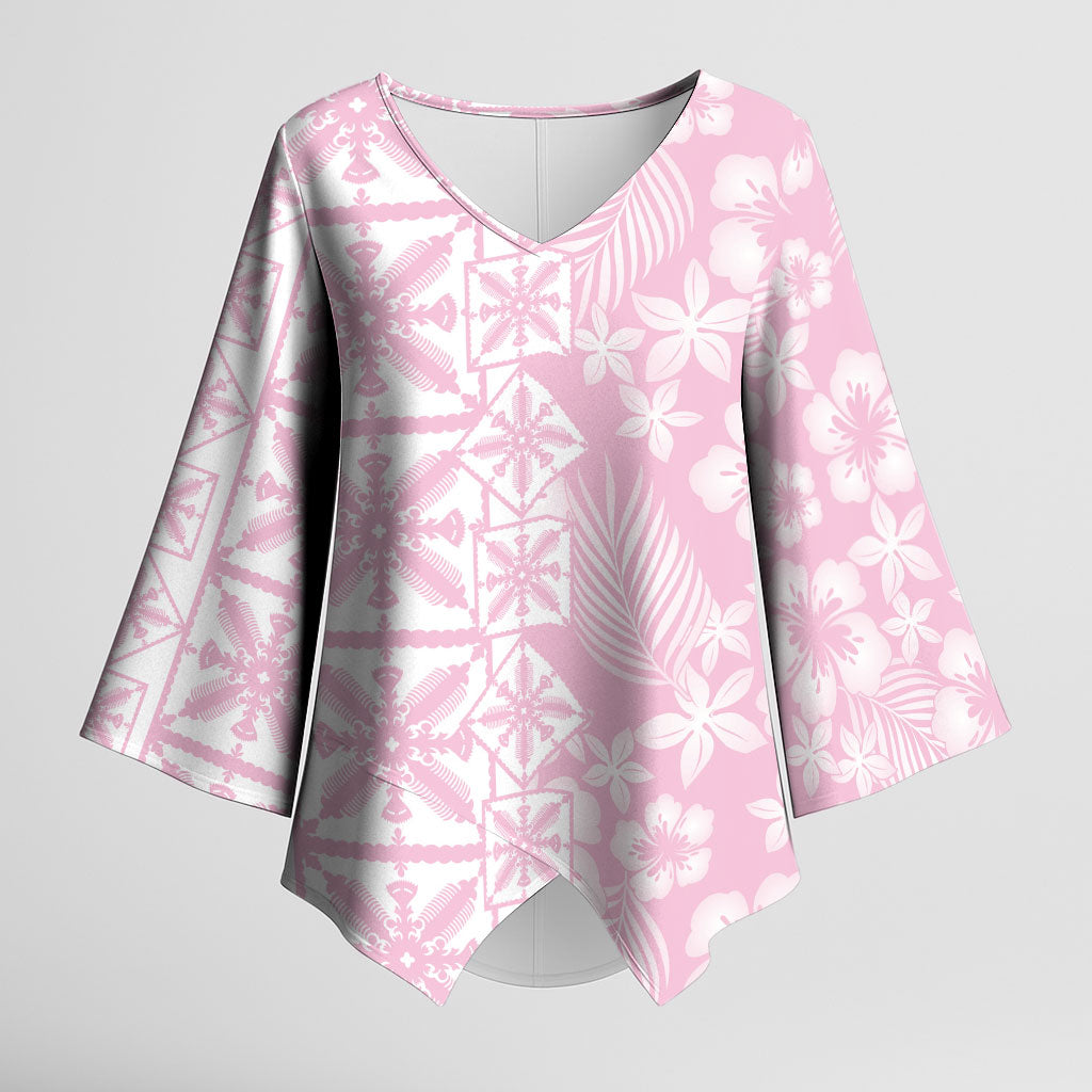 Pastel Pink Kahili Quilt Hawaii Kimono Sleeve Blouse Tropical Flower Seamless Half Style LT14 Female Pink - Polynesian Pride