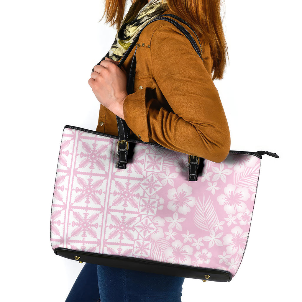 Pastel Pink Kahili Quilt Hawaii Leather Tote Bag Tropical Flower Seamless Half Style LT14 Pink - Polynesian Pride