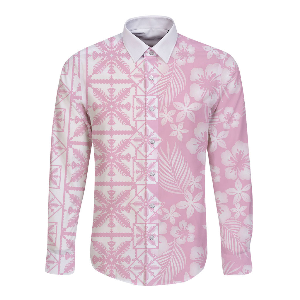 Pastel Pink Kahili Quilt Hawaii Long Sleeve Button Shirt Tropical Flower Seamless Half Style LT14 Unisex Pink - Polynesian Pride