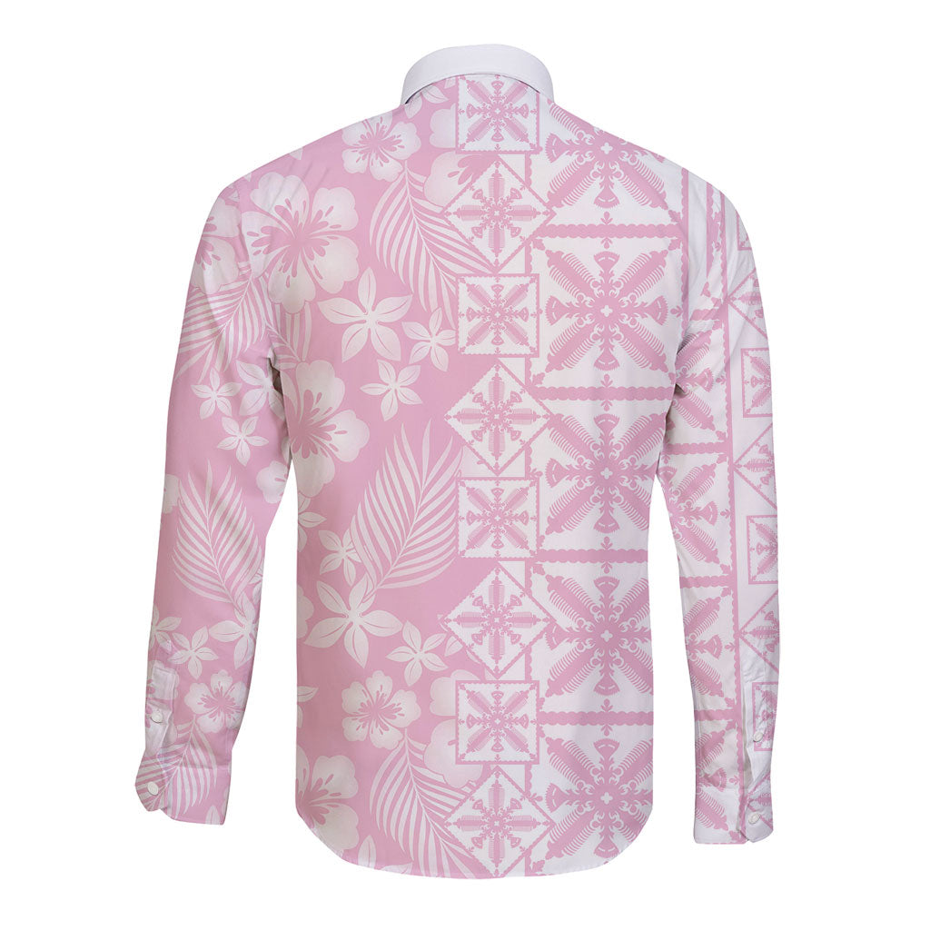 Pastel Pink Kahili Quilt Hawaii Long Sleeve Button Shirt Tropical Flower Seamless Half Style