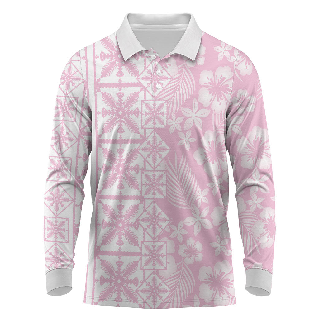 Pastel Pink Kahili Quilt Hawaii Long Sleeve Polo Shirt Tropical Flower Seamless Half Style