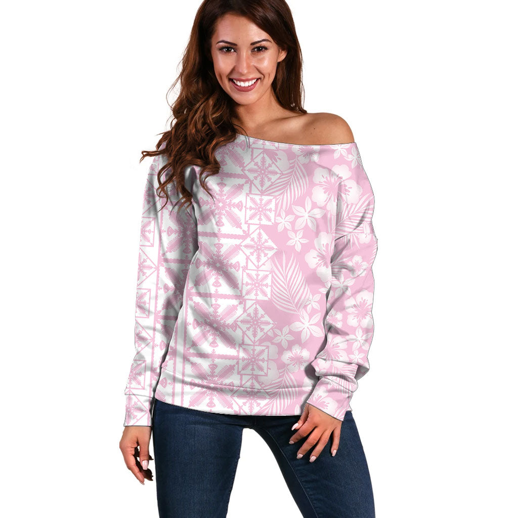 Pastel Pink Kahili Quilt Hawaii Off Shoulder Sweater Tropical Flower Seamless Half Style LT14 Women Pink - Polynesian Pride