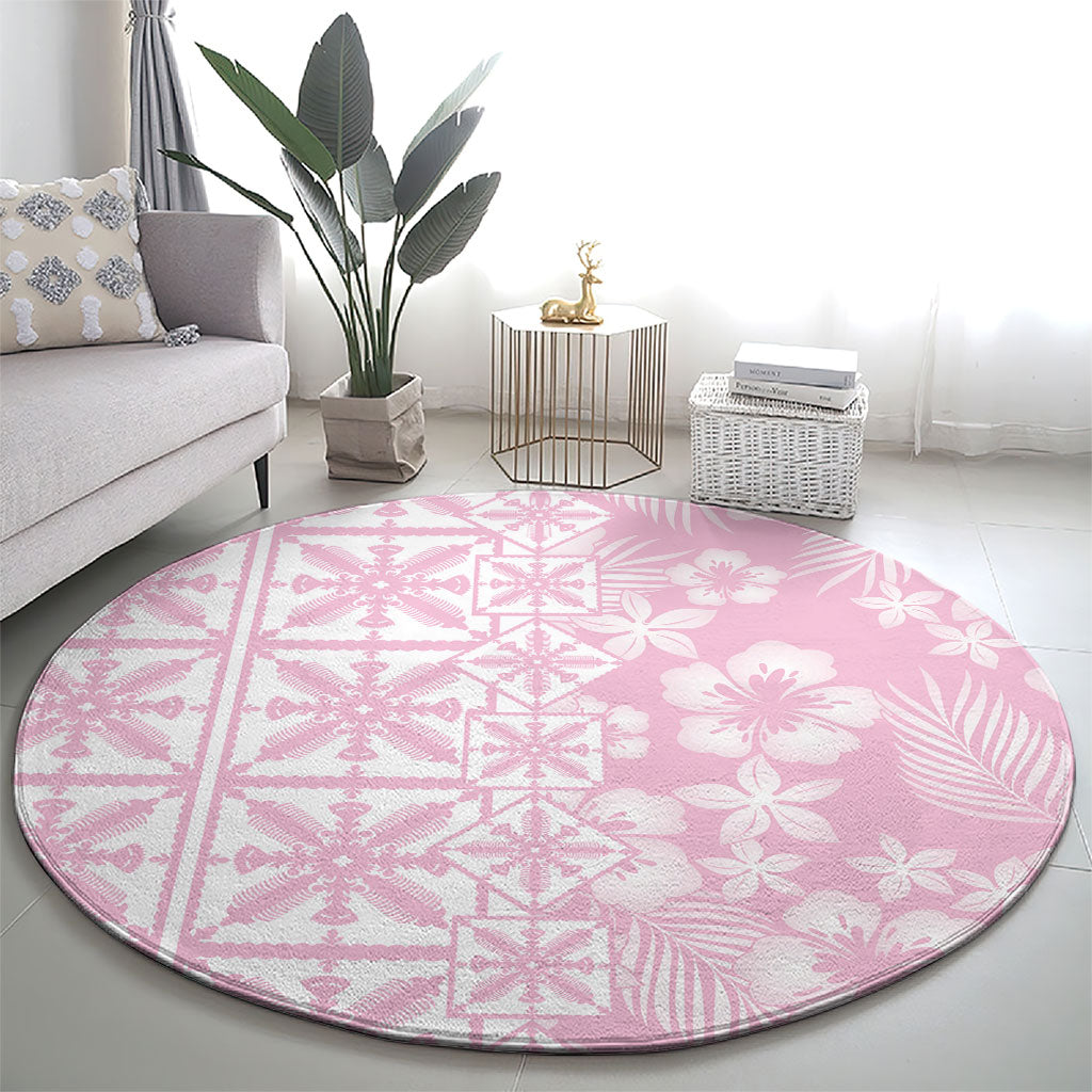 Pastel Pink Kahili Quilt Hawaii Round Carpet Tropical Flower Seamless Half Style
