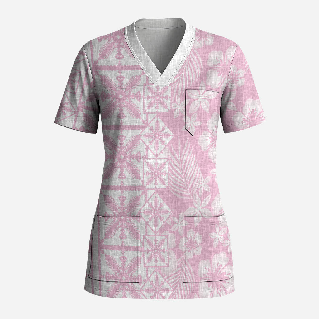 Pastel Pink Kahili Quilt Hawaii Scrub Top Tropical Flower Seamless Half Style LT14 Adult Pink - Polynesian Pride