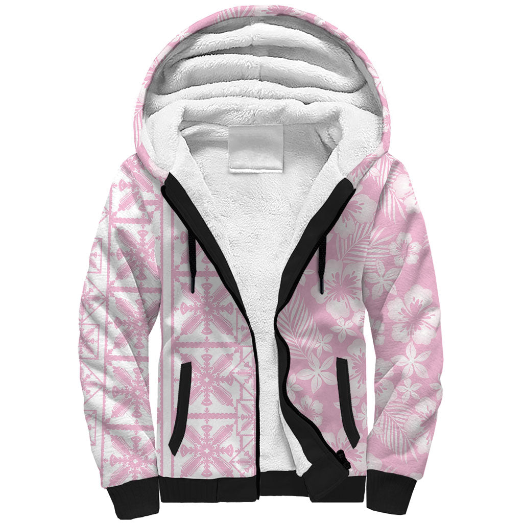 Pastel Pink Kahili Quilt Hawaii Sherpa Hoodie Tropical Flower Seamless Half Style