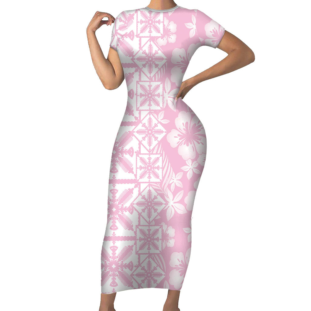 Pastel Pink Kahili Quilt Hawaii Short Sleeve Bodycon Dress Tropical Flower Seamless Half Style LT14 Long Dress Pink - Polynesian Pride