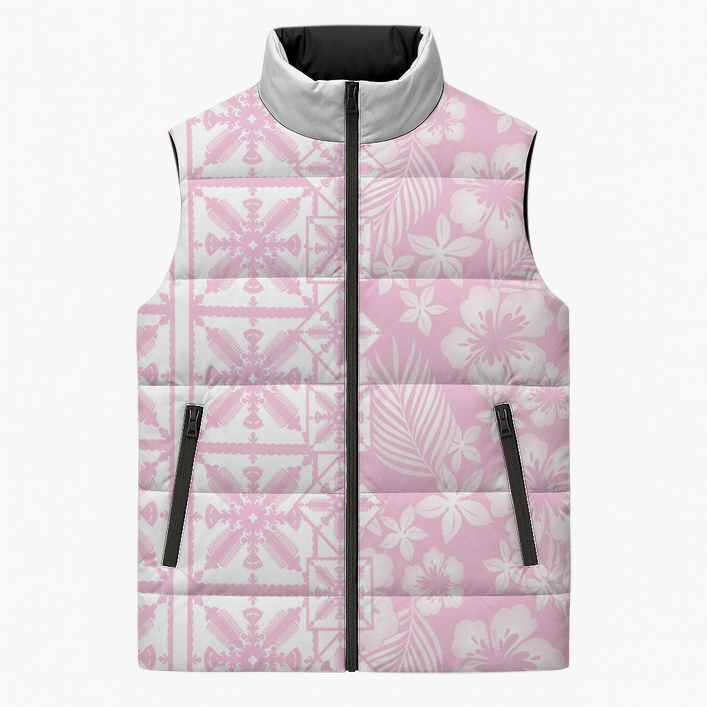 Pastel Pink Kahili Quilt Hawaii Sleeveless Puffer Jacket Tropical Flower Seamless Half Style