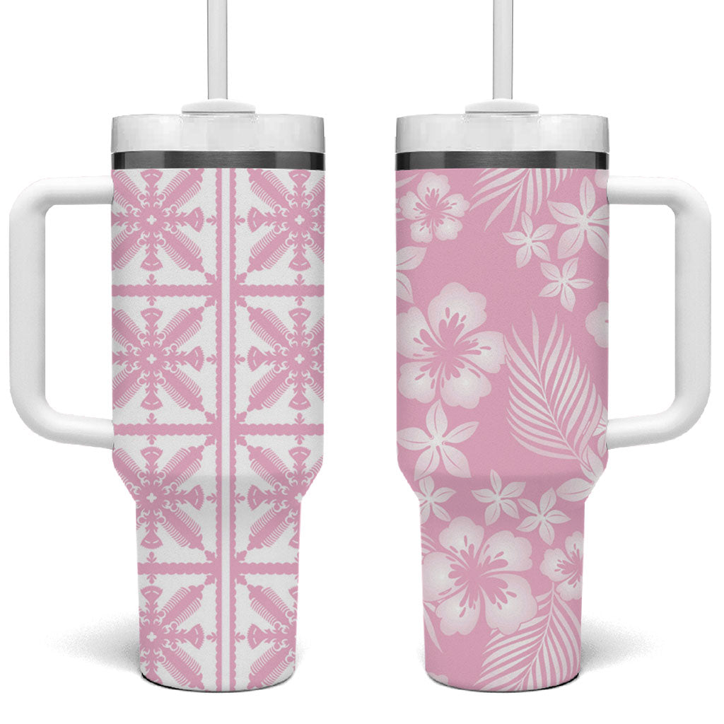 Pastel Pink Kahili Quilt Hawaii Tumbler With Handle Tropical Flower Seamless Half Style LT14 One Size: 40 oz Pink - Polynesian Pride