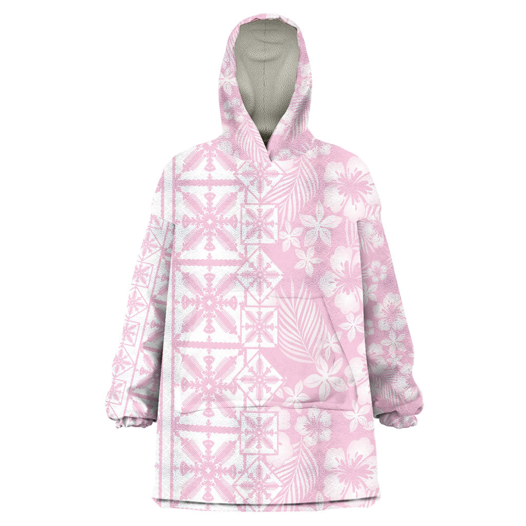 Pastel Pink Kahili Quilt Hawaii Wearable Blanket Hoodie Tropical Flower Seamless Half Style LT14 One Size Pink - Polynesian Pride