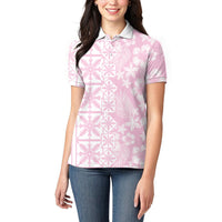 Pastel Pink Kahili Quilt Hawaii Women Polo Shirt Tropical Flower Seamless Half Style