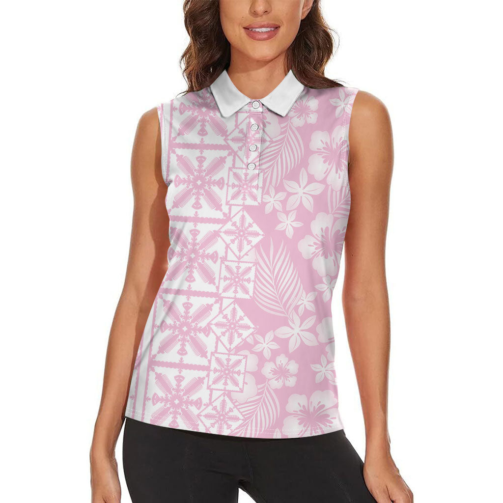 Pastel Pink Kahili Quilt Hawaii Women Sleeveless Polo Shirt Tropical Flower Seamless Half Style