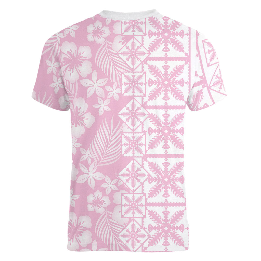 Pastel Pink Kahili Quilt Hawaii Women V-Neck T-Shirt Tropical Flower Seamless Half Style