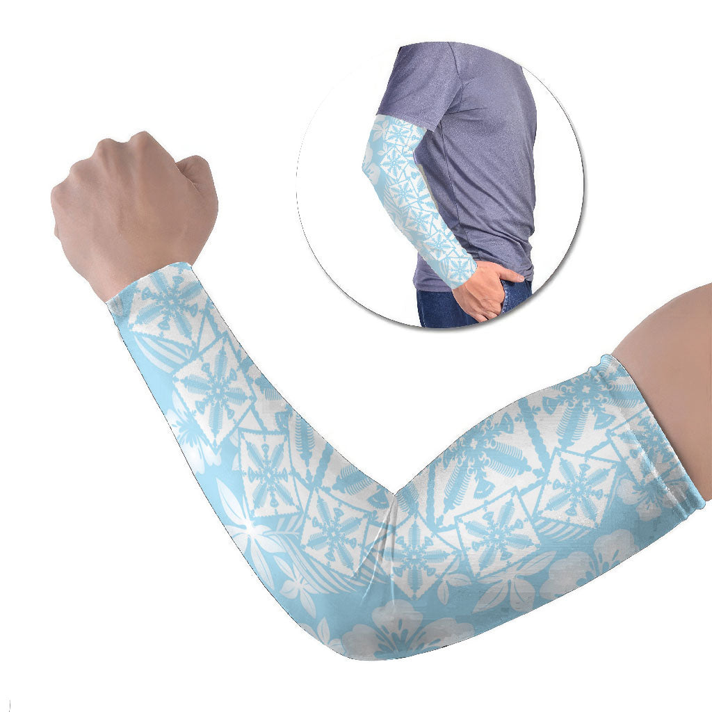 Pastel Blue Kahili Quilt Hawaii Arm Sleeves Tropical Flower Seamless Half Style LT14 Set of 2 Blue - Polynesian Pride