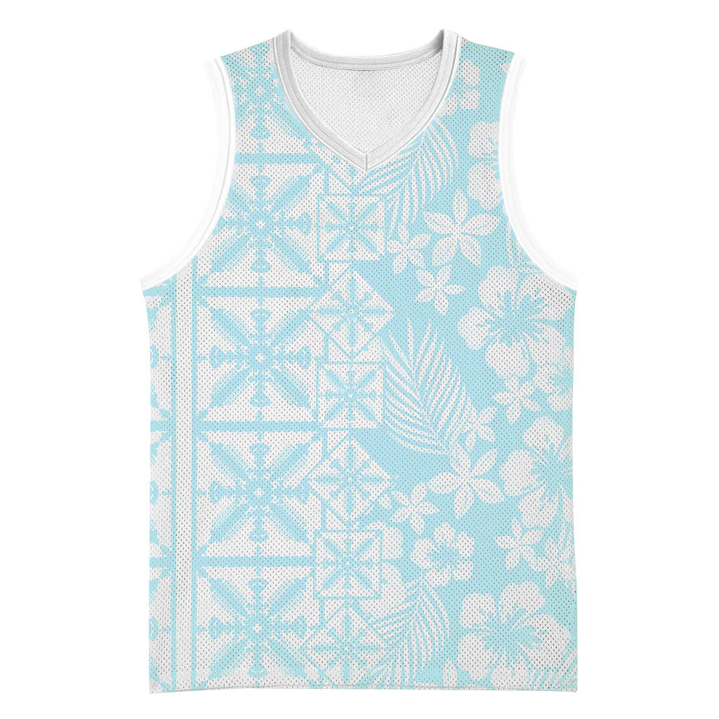 Pastel Blue Kahili Quilt Hawaii Basketball Jersey Tropical Flower Seamless Half Style LT14 Unisex Blue - Polynesian Pride