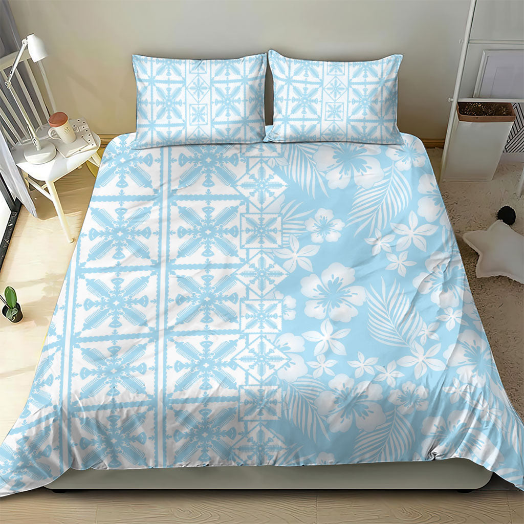 Pastel Blue Kahili Quilt Hawaii Bedding Set Tropical Flower Seamless Half Style
