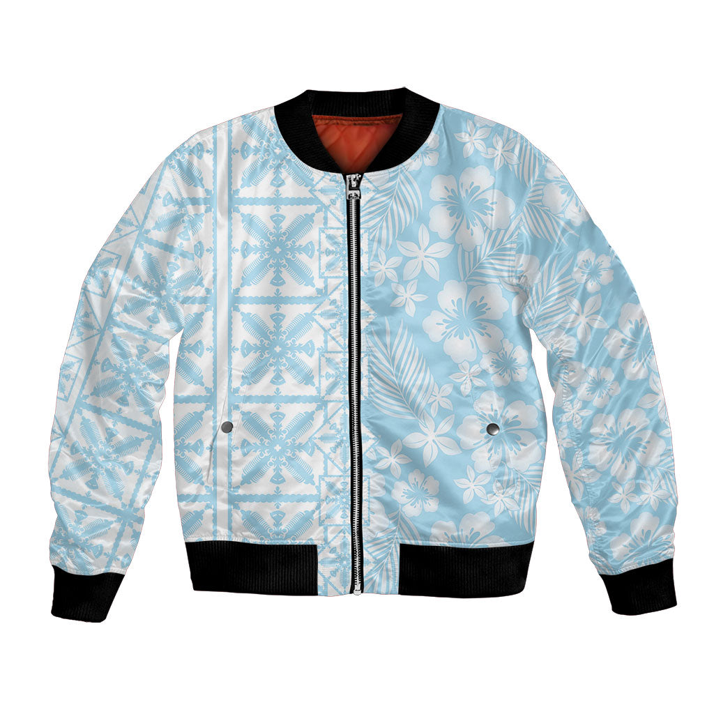 Pastel Blue Kahili Quilt Hawaii Bomber Jacket Tropical Flower Seamless Half Style