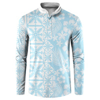 Pastel Blue Kahili Quilt Hawaii Button Sweatshirt Tropical Flower Seamless Half Style