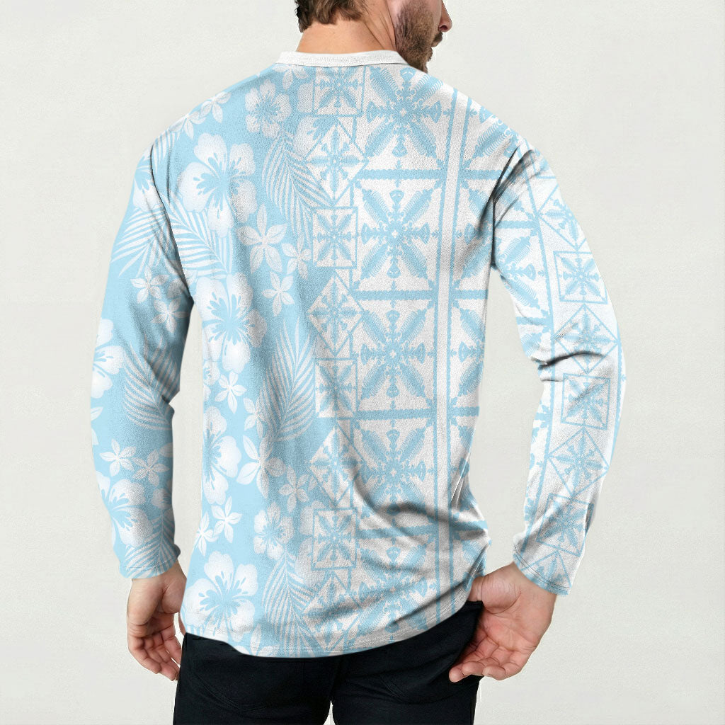 Pastel Blue Kahili Quilt Hawaii Button Sweatshirt Tropical Flower Seamless Half Style