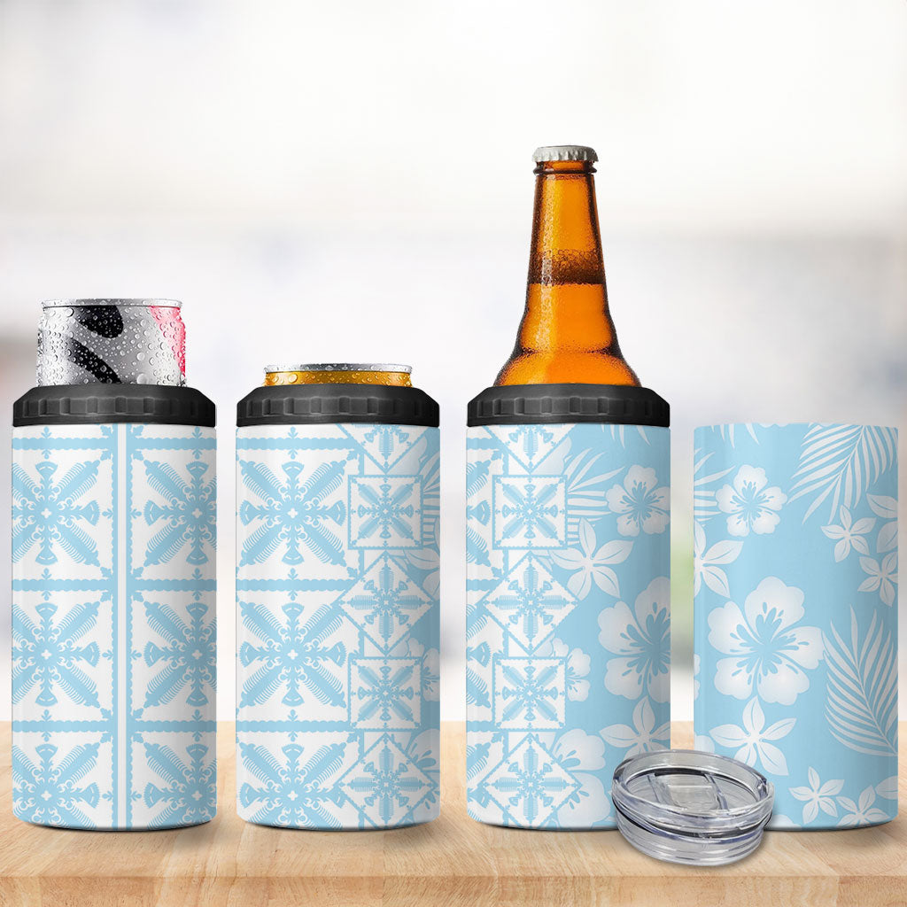 Pastel Blue Kahili Quilt Hawaii 4 in 1 Can Cooler Tumbler Tropical Flower Seamless Half Style