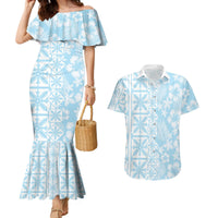 Pastel Blue Kahili Quilt Hawaii Couples Matching Mermaid Dress and Hawaiian Shirt Tropical Flower Seamless Half Style