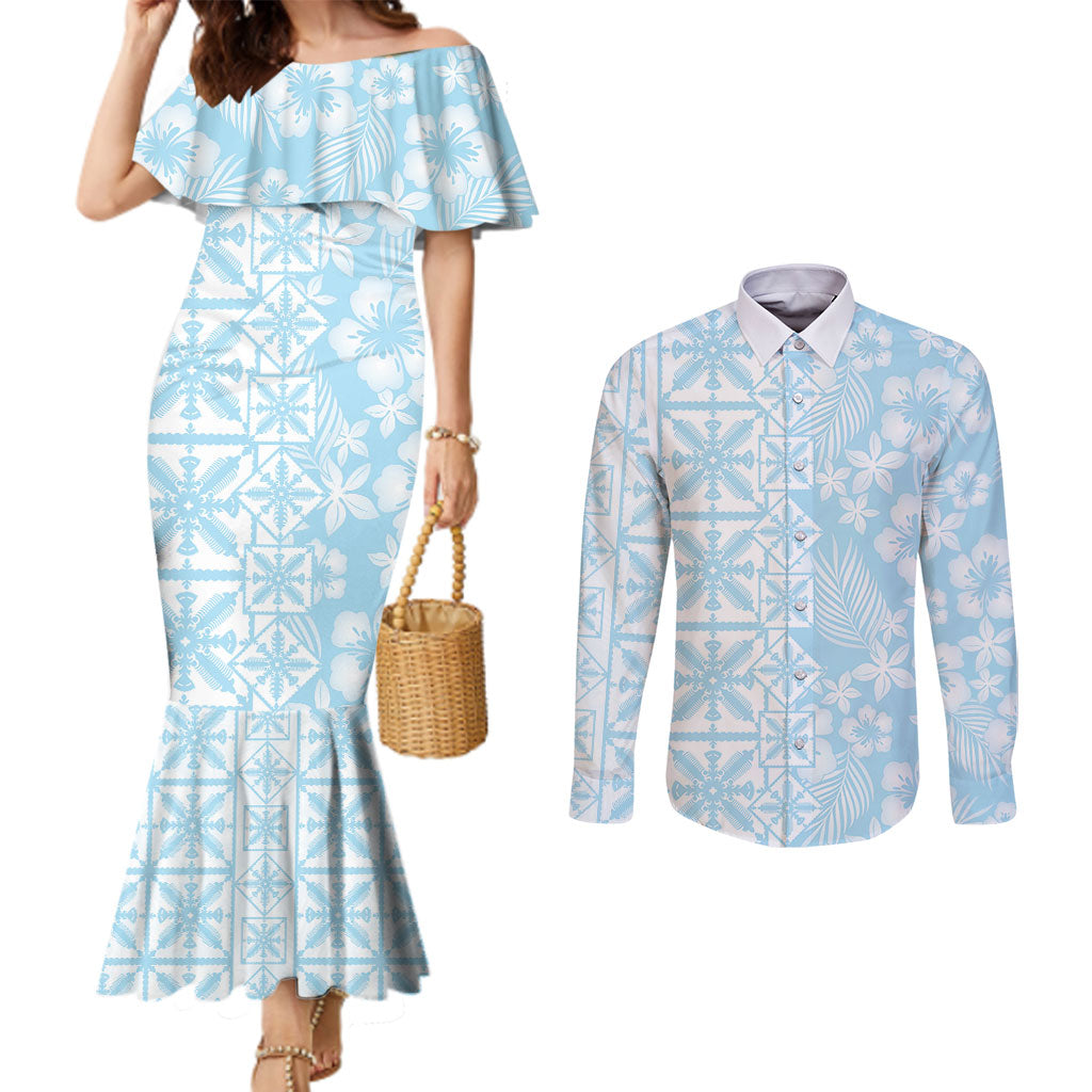 Pastel Blue Kahili Quilt Hawaii Couples Matching Mermaid Dress and Long Sleeve Button Shirt Tropical Flower Seamless Half Style LT14 Blue - Polynesian Pride