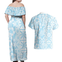Pastel Blue Kahili Quilt Hawaii Couples Matching Off Shoulder Maxi Dress and Hawaiian Shirt Tropical Flower Seamless Half Style