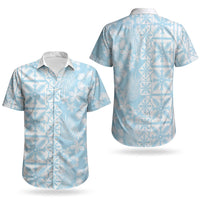 Pastel Blue Kahili Quilt Hawaii Couples Matching Off Shoulder Short Dress and Hawaiian Shirt Tropical Flower Seamless Half Style LT14 - Polynesian Pride
