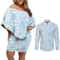 Pastel Blue Kahili Quilt Hawaii Couples Matching Off Shoulder Short Dress and Long Sleeve Button Shirt Tropical Flower Seamless Half Style