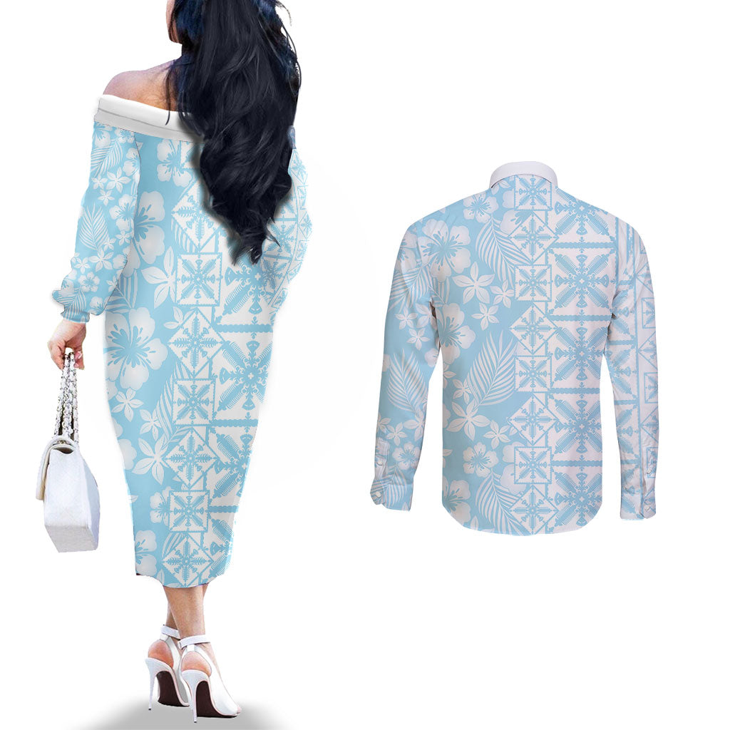 Pastel Blue Kahili Quilt Hawaii Couples Matching Off The Shoulder Long Sleeve Dress and Long Sleeve Button Shirt Tropical Flower Seamless Half Style