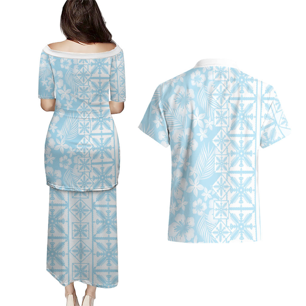 Pastel Blue Kahili Quilt Hawaii Couples Matching Puletasi and Hawaiian Shirt Tropical Flower Seamless Half Style