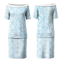 Pastel Blue Kahili Quilt Hawaii Couples Matching Puletasi and Long Sleeve Button Shirt Tropical Flower Seamless Half Style LT14 - Polynesian Pride