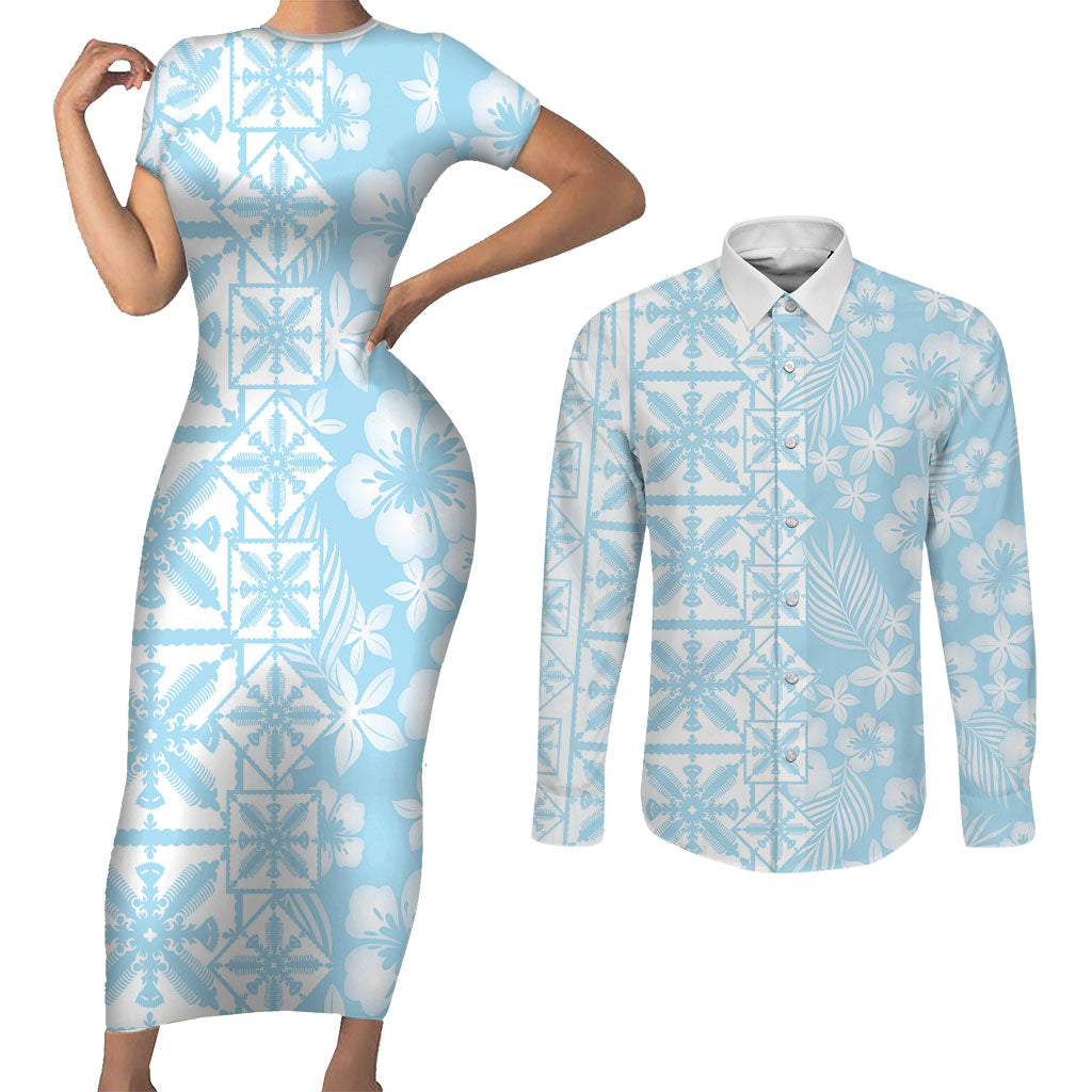 Pastel Blue Kahili Quilt Hawaii Couples Matching Short Sleeve Bodycon Dress and Long Sleeve Button Shirt Tropical Flower Seamless Half Style
