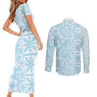 Pastel Blue Kahili Quilt Hawaii Couples Matching Short Sleeve Bodycon Dress and Long Sleeve Button Shirt Tropical Flower Seamless Half Style
