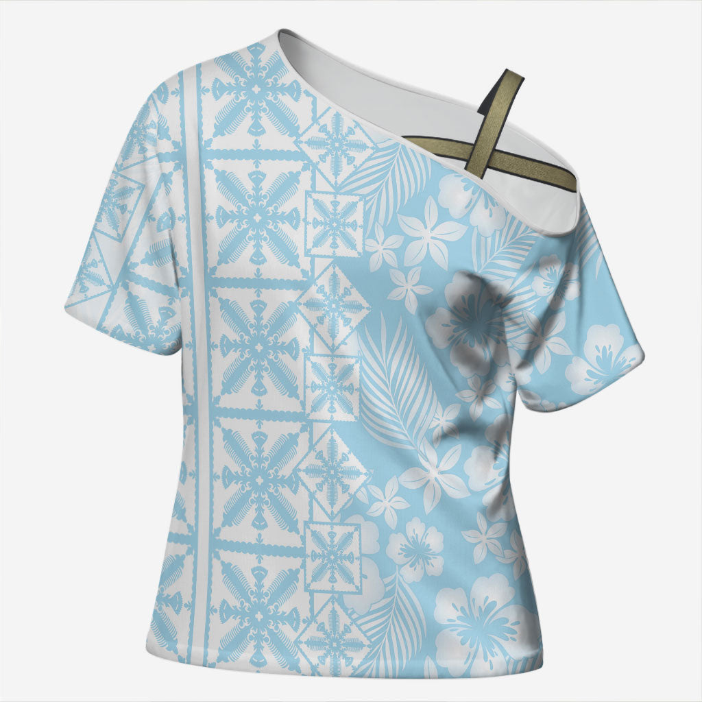 Pastel Blue Kahili Quilt Hawaii Cross Shoulder Shirt Tropical Flower Seamless Half Style LT14 Female Blue - Polynesian Pride
