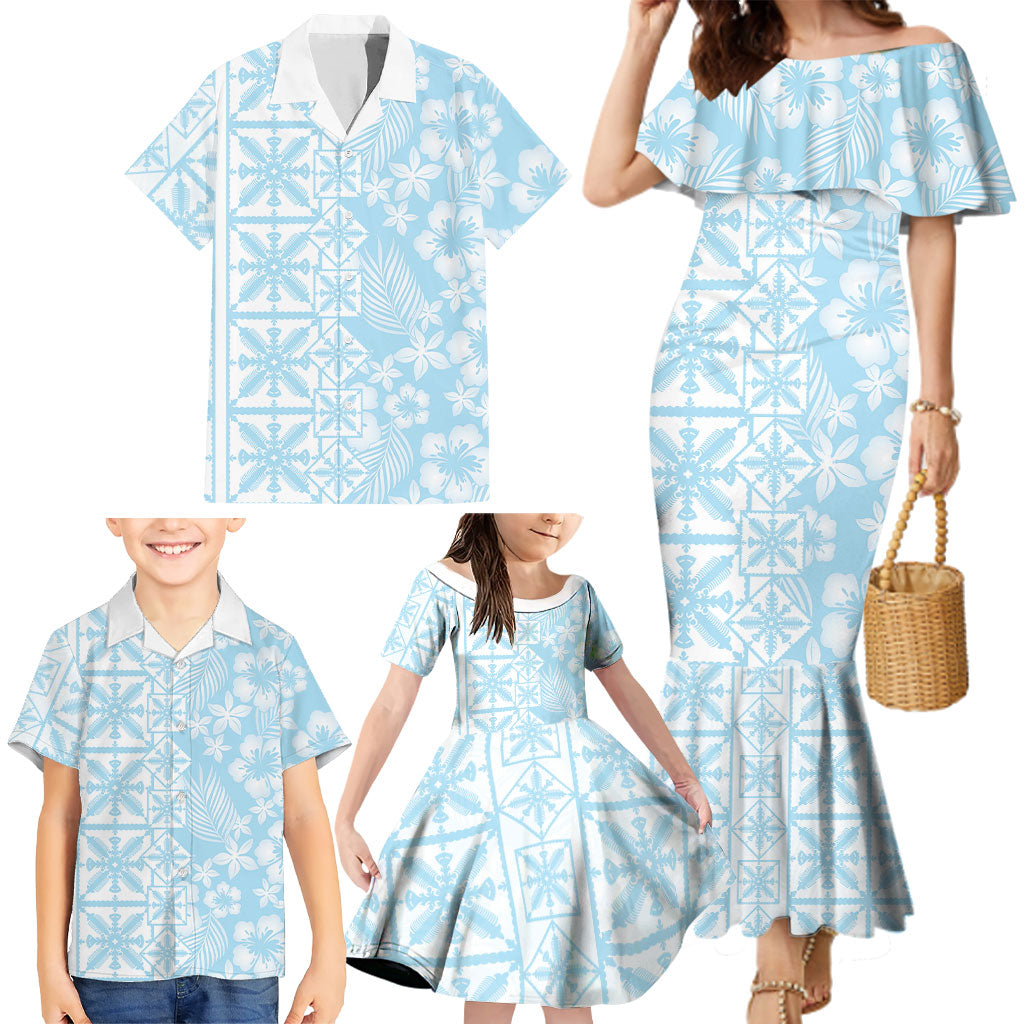 Pastel Blue Kahili Quilt Hawaii Family Matching Mermaid Dress and Hawaiian Shirt Tropical Flower Seamless Half Style