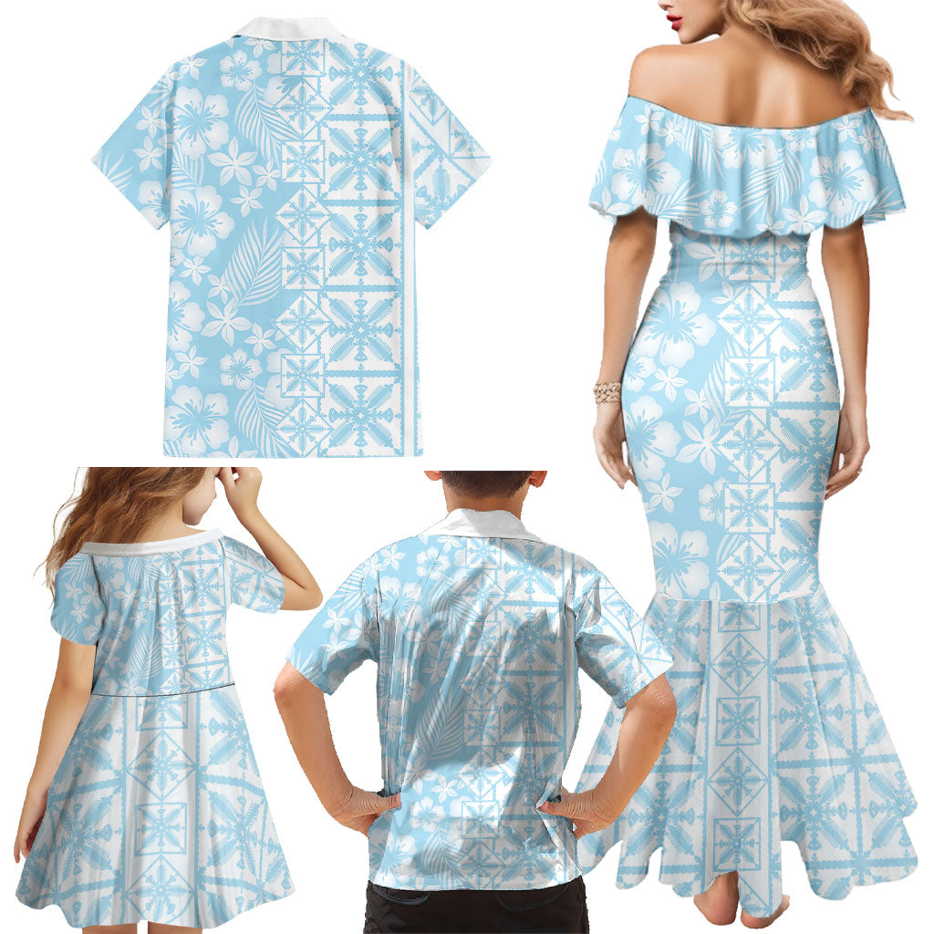 Pastel Blue Kahili Quilt Hawaii Family Matching Mermaid Dress and Hawaiian Shirt Tropical Flower Seamless Half Style
