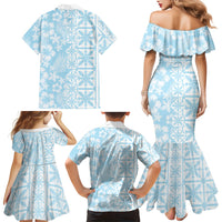 Pastel Blue Kahili Quilt Hawaii Family Matching Mermaid Dress and Hawaiian Shirt Tropical Flower Seamless Half Style
