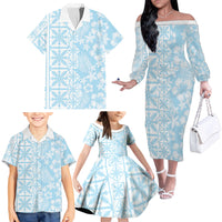 Pastel Blue Kahili Quilt Hawaii Family Matching Off The Shoulder Long Sleeve Dress and Hawaiian Shirt Tropical Flower Seamless Half Style