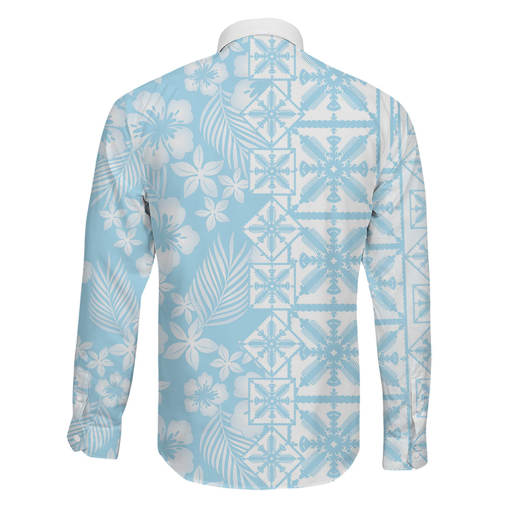 Pastel Blue Kahili Quilt Hawaii Family Matching Off Shoulder Maxi Dress and Hawaiian Shirt Tropical Flower Seamless Half Style