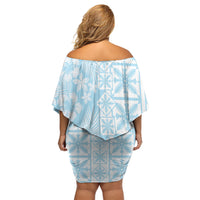 Pastel Blue Kahili Quilt Hawaii Family Matching Off Shoulder Short Dress and Hawaiian Shirt Tropical Flower Seamless Half Style