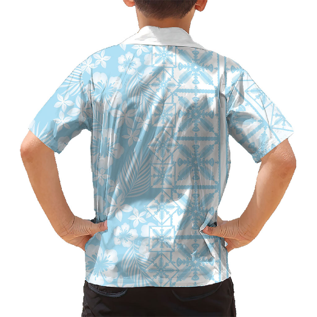 Pastel Blue Kahili Quilt Hawaii Family Matching Puletasi and Hawaiian Shirt Tropical Flower Seamless Half Style