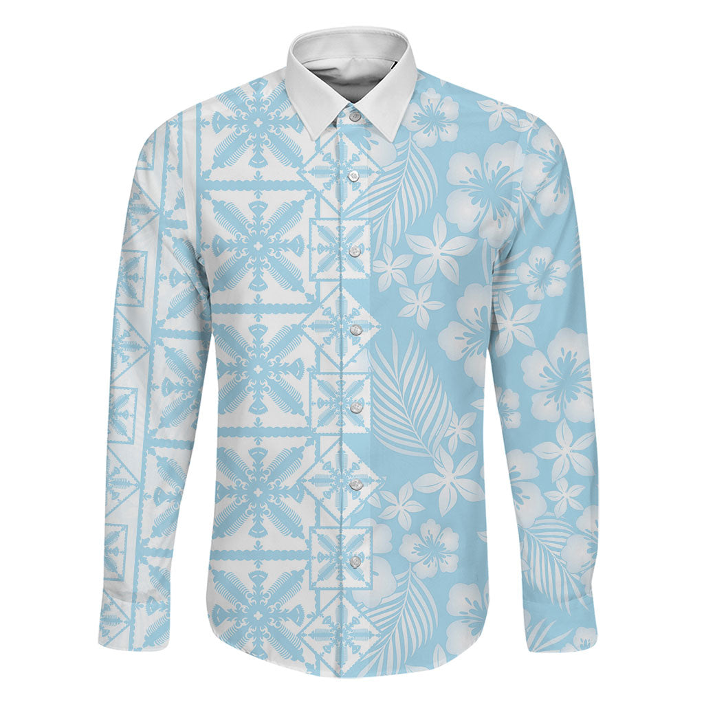 Pastel Blue Kahili Quilt Hawaii Family Matching Puletasi and Hawaiian Shirt Tropical Flower Seamless Half Style