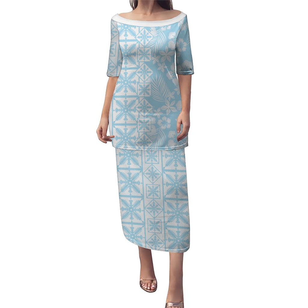 Pastel Blue Kahili Quilt Hawaii Family Matching Puletasi and Hawaiian Shirt Tropical Flower Seamless Half Style