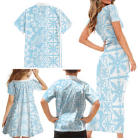 Pastel Blue Kahili Quilt Hawaii Family Matching Short Sleeve Bodycon Dress and Hawaiian Shirt Tropical Flower Seamless Half Style