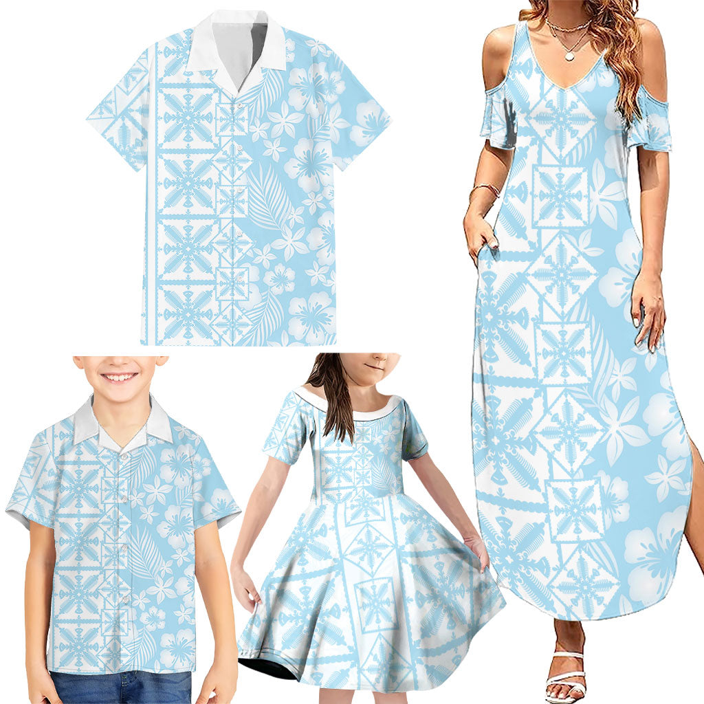 Pastel Blue Kahili Quilt Hawaii Family Matching Summer Maxi Dress and Hawaiian Shirt Tropical Flower Seamless Half Style LT14 - Polynesian Pride
