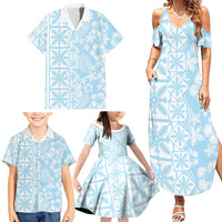 Pastel Blue Kahili Quilt Hawaii Family Matching Summer Maxi Dress and Hawaiian Shirt Tropical Flower Seamless Half Style