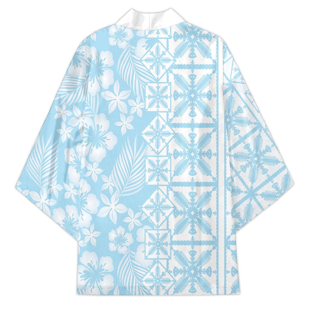 Pastel Blue Kahili Quilt Hawaii Kimono Tropical Flower Seamless Half Style