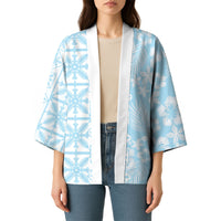 Pastel Blue Kahili Quilt Hawaii Kimono Tropical Flower Seamless Half Style