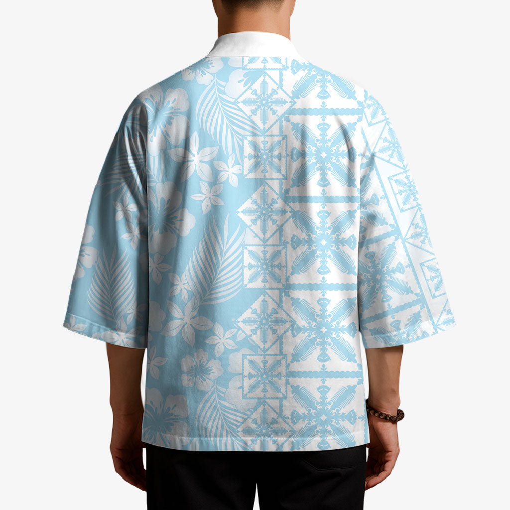 Pastel Blue Kahili Quilt Hawaii Kimono Tropical Flower Seamless Half Style