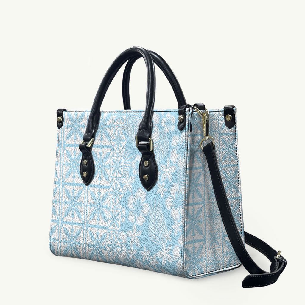 Pastel Blue Kahili Quilt Hawaii Leather Bag Tropical Flower Seamless Half Style LT14 Blue - Polynesian Pride